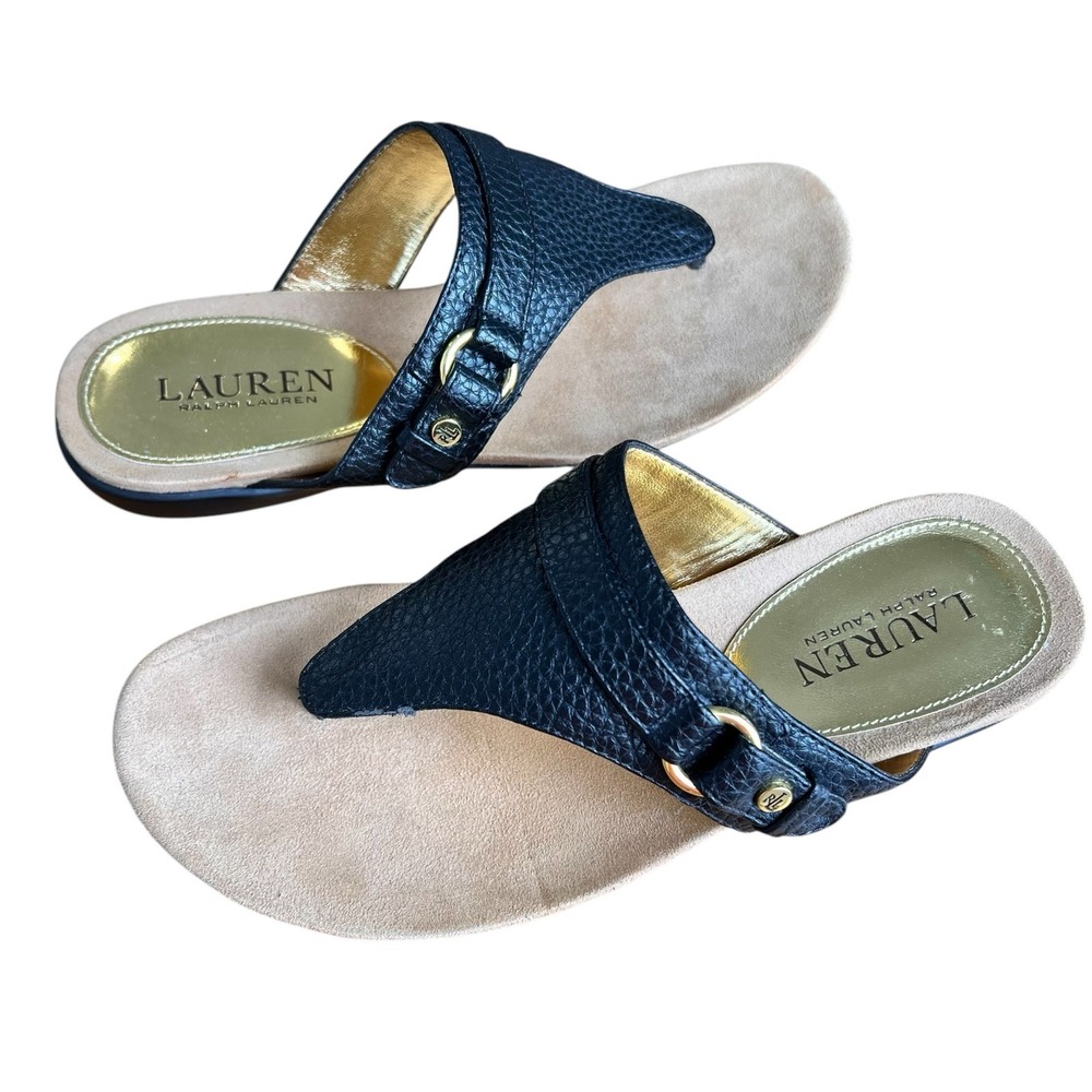 Ralph‎ Lauren Womens Thong Sandals 6B Black Vegan Leather Slip On Summer  Beachy